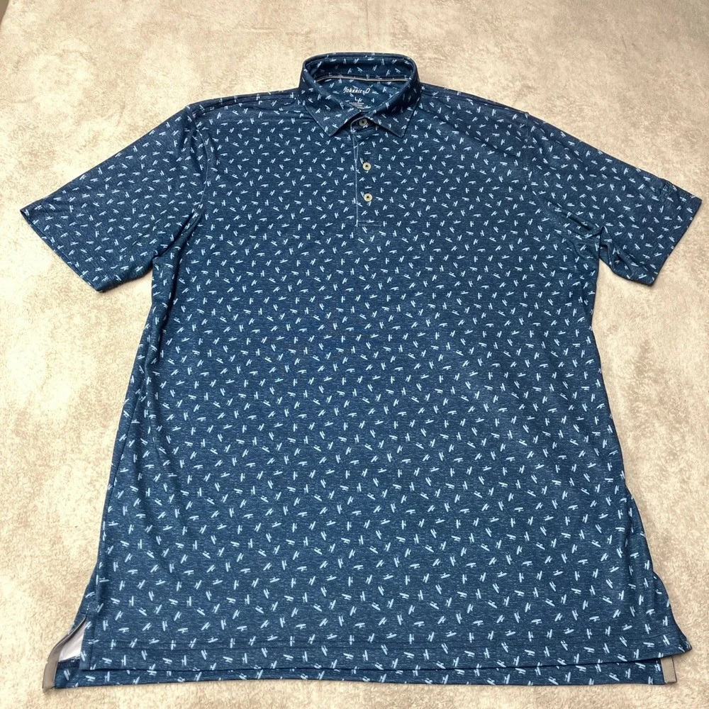 Johnnie-O Polo Shirt Airplane Print Performance Stretch Navy Blue Mens Large
